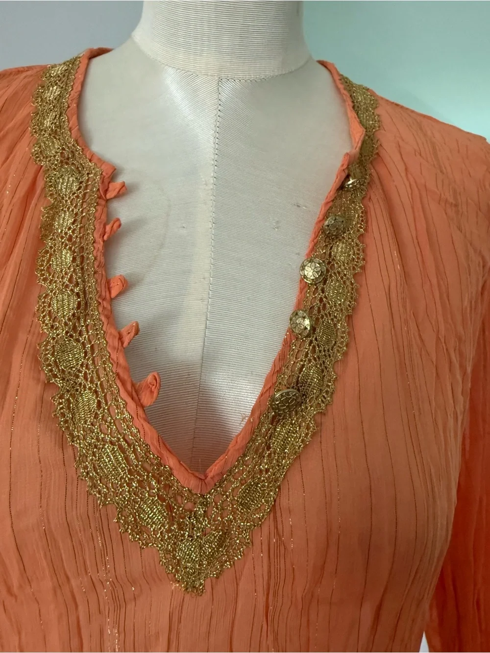 Cache Orange Crinkled V-Neck Tunic with Gold Trim - Picture 2 of 6